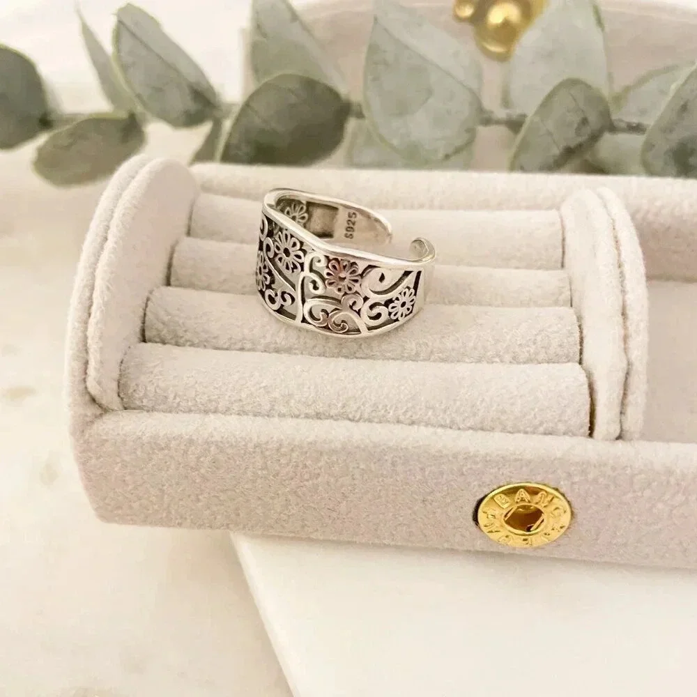 925 Sterling Silver Flower Ring Flower Cutout Ring Vintage Floral Ring Resizable